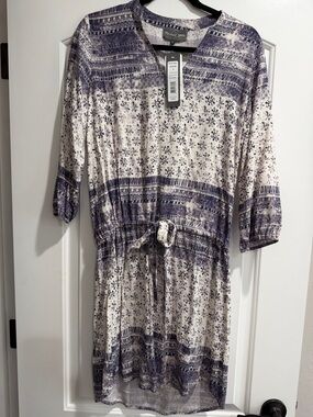 Michael Stars Ivory and Navy Printed Drawstring Midi Dress